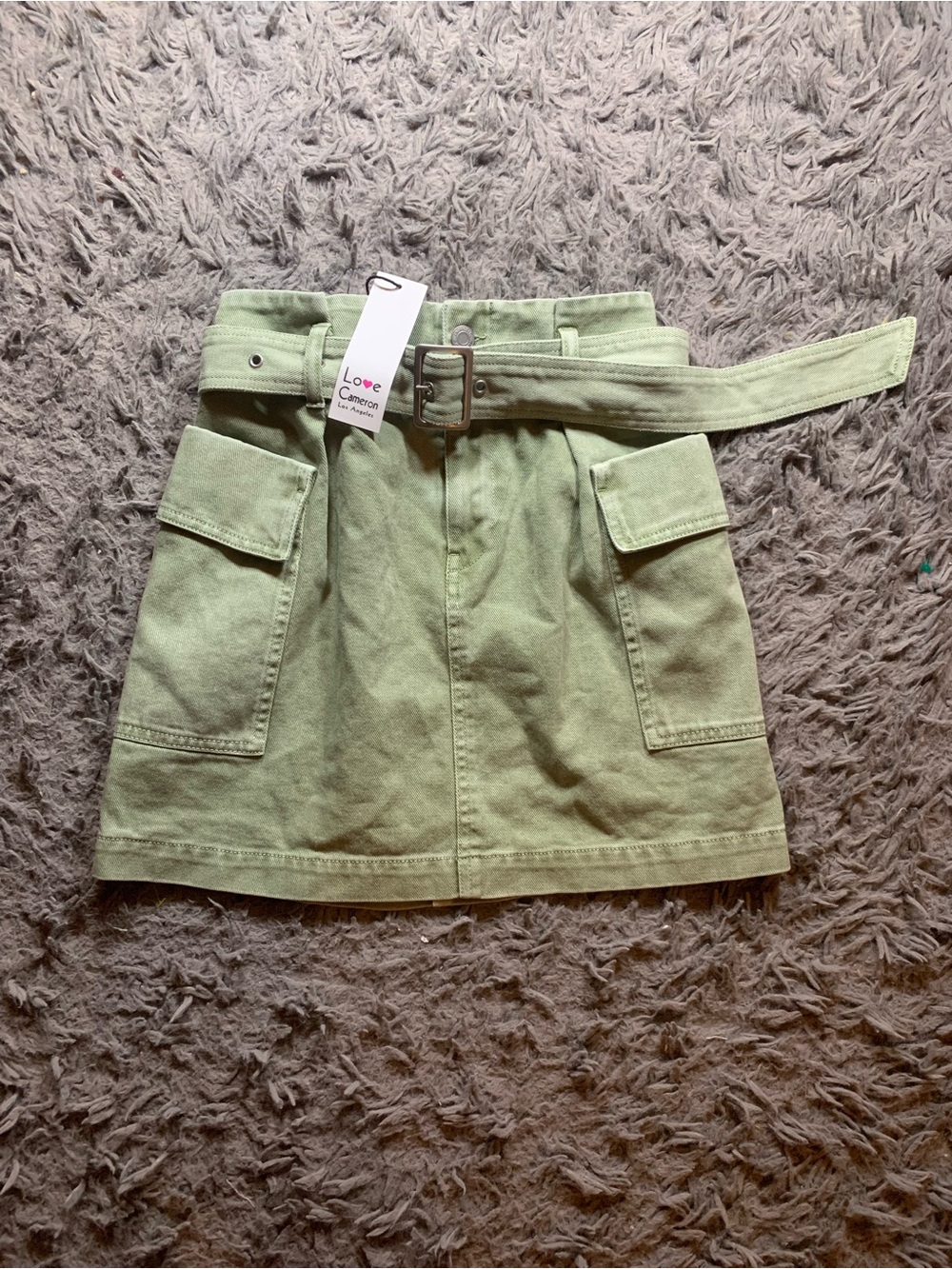 NWT Love Cameron grommet belted cargo sage green paper bag mini skirt sz S